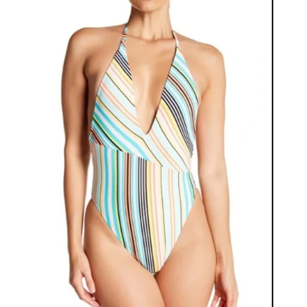 The Bikini Lab Striped Plunge Halter One Piece Swimsuit Women's M NWOT